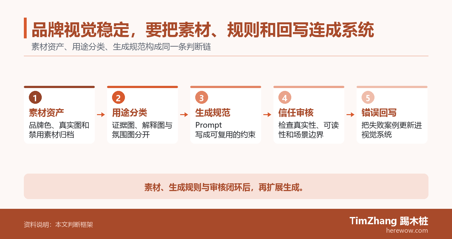 品牌视觉稳定,要把素材、规则和回写连成系统的判断路径图,展示关键条件、证据和行动关系。