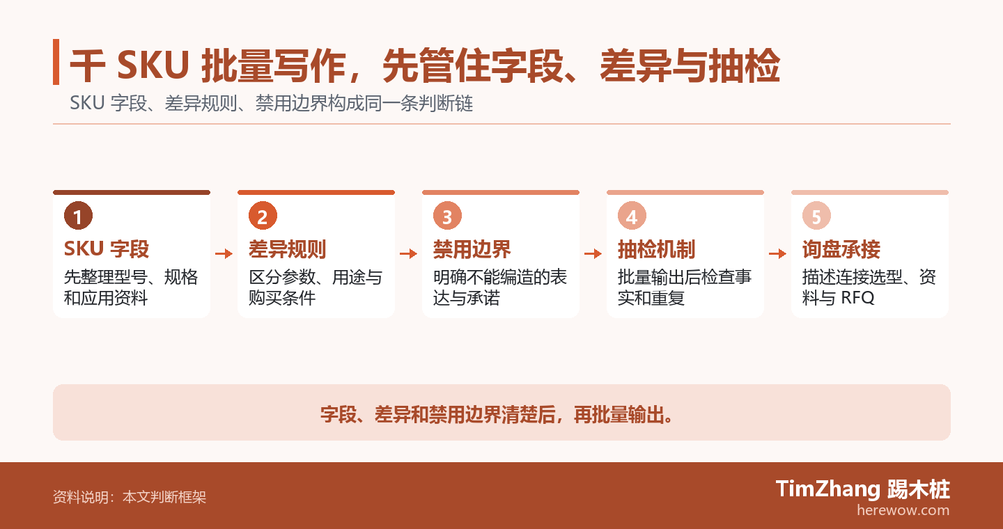 千 SKU 批量写作,先管住字段、差异与抽检的判断路径图,展示关键条件、证据和行动关系。