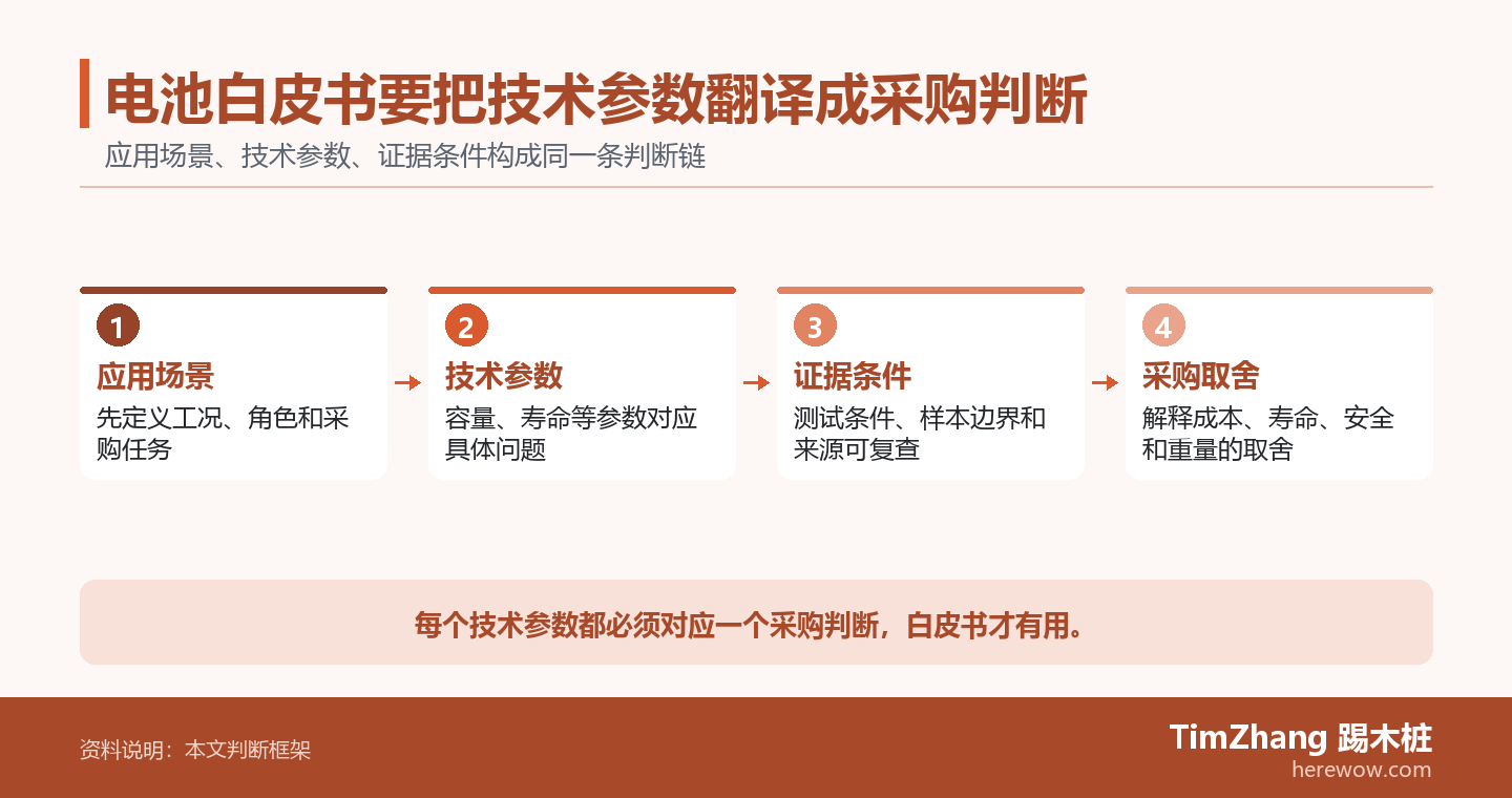 电池白皮书要把技术参数翻译成采购判断的判断路径图,展示关键条件、证据和行动关系。